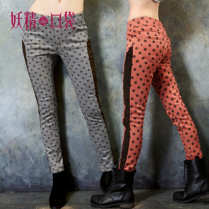 DEMONSTYLE  winter liner plus velvet polka dot jeans lady's pants,women's trousers