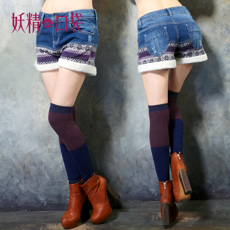 DEMONSTYLE  winter plush denim shorts pants