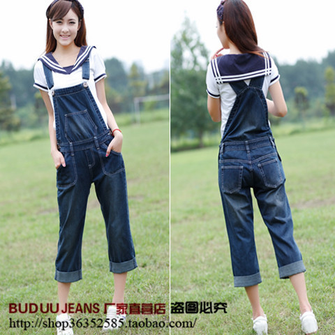 Denim bib pants capris 2013 denim suspenders loose bib pants female plus size