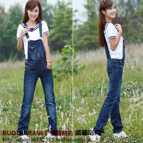 Denim bib pants female 2013 loose plus size spaghetti strap one piece long trousers denim