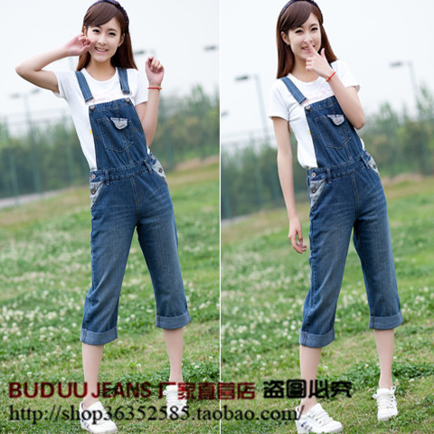 Denim bib pants female 2013 loose plus size spaghetti strap plus size casual capris