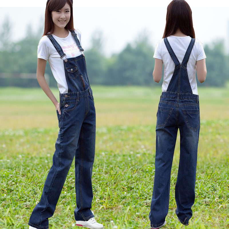 Denim bib pants female 2013 spring straight casual pants loose plus size jumpsuit, free shipping