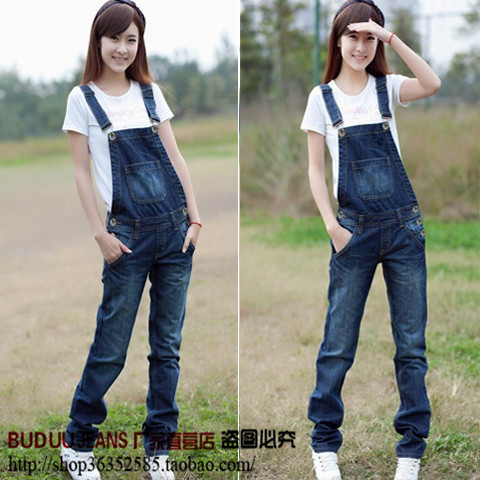 Denim bib pants female loose plus size trousers jumpsuit