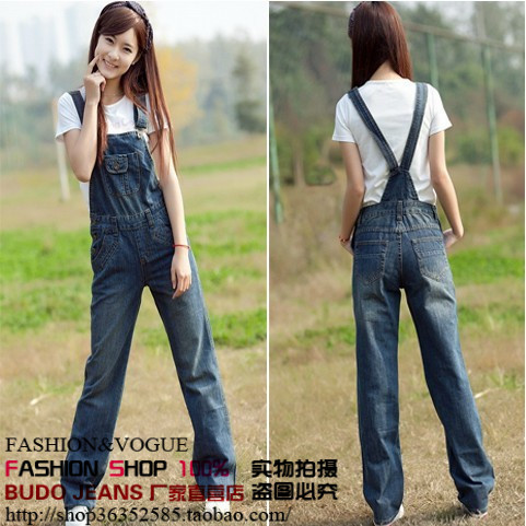 Denim bib pants female spring and summer loose plus size casual long spaghetti strap pants