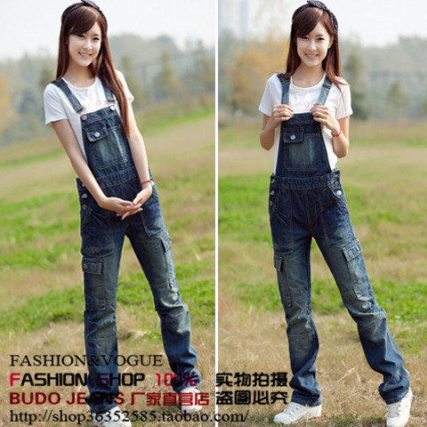 Denim bib pants trousers female 2013 loose straight jeans pants trousers denim bib 9