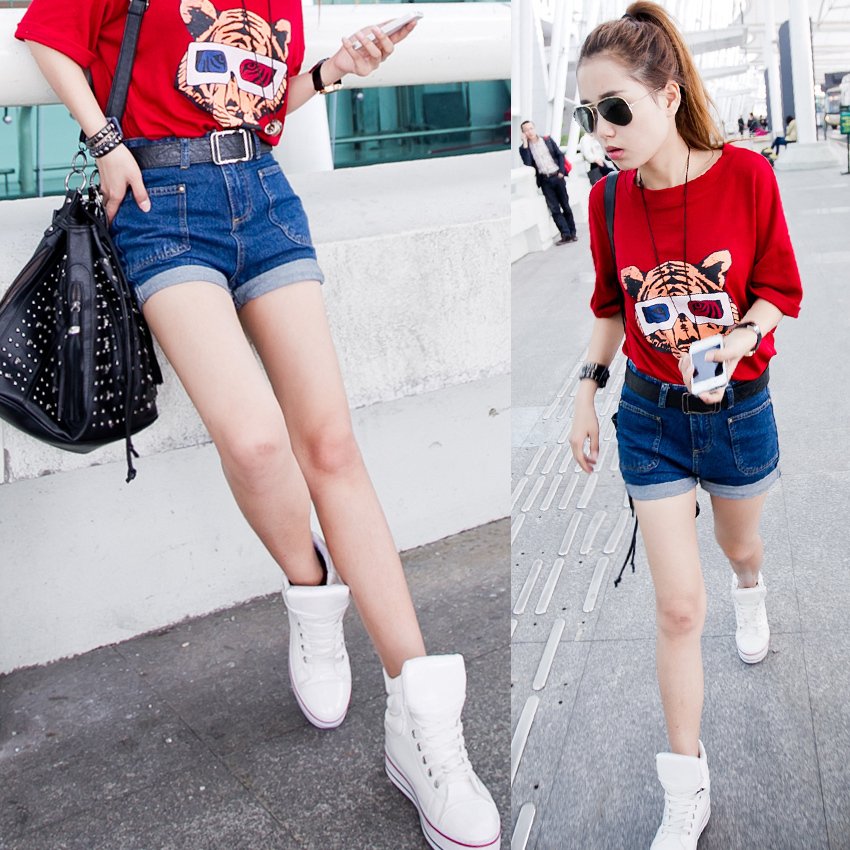 Denim high waist pants shorts