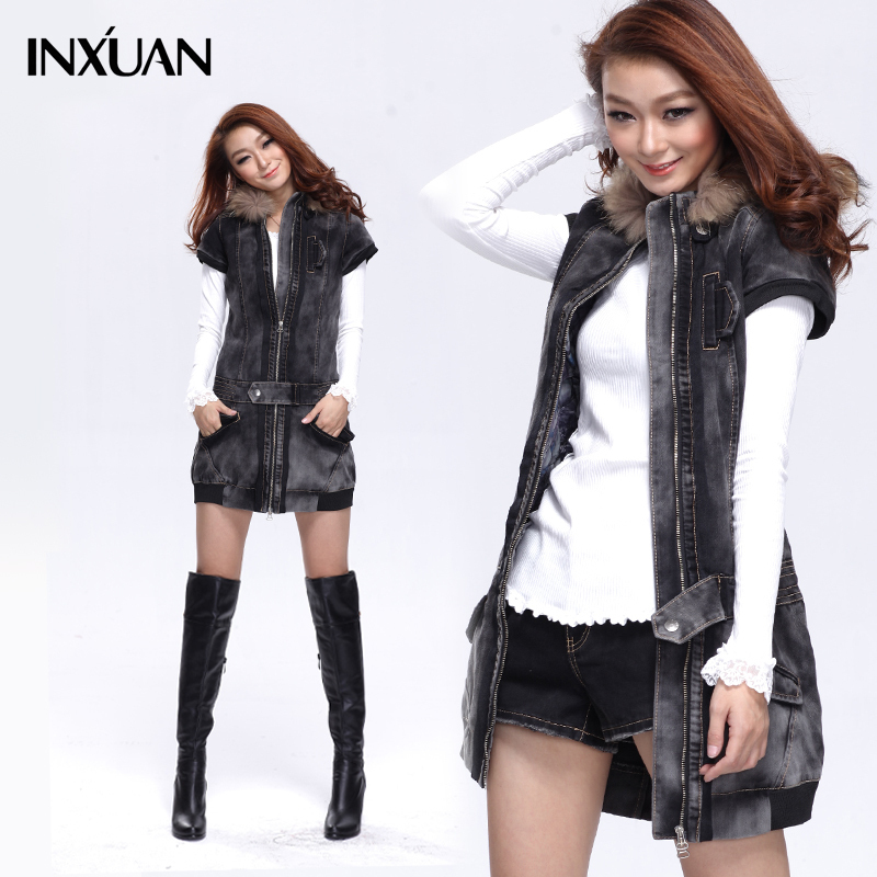 Denim outerwear trench female long design hooded short-sleeve slim thickening