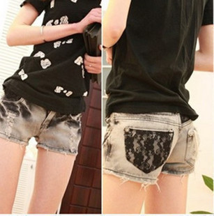 Denim shorts female 2012 summer plus size super shorts smoky grey lace patchwork denim shorts