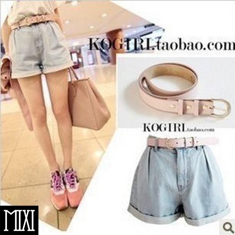 Denim shorts female boot cut jeans roll-up mm loose hem plus size spring and summer pale pink leather