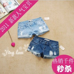 Denim shorts female denim loose hole all-match roll up hem denim shorts boot cut jeans shorts