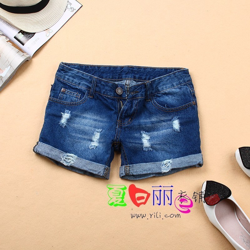 Denim shorts female denim loose hole all-match roll up hem roll-up hem shorts dk6