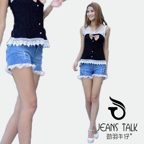 Denim shorts female laciness lace denim shorts female loose shorts