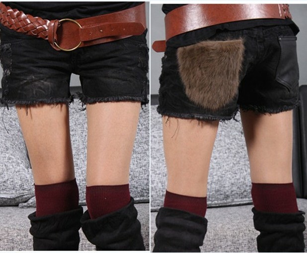 Denim shorts female loose plus size real fur patchwork distrressed dark color denim shorts