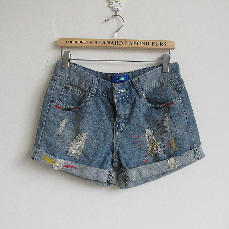 Denim shorts female loose retro finishing doodle roll-up hem vintage shorts