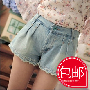 Denim shorts pants women's QIUSHUIYIREN loose casual pants lace decoration