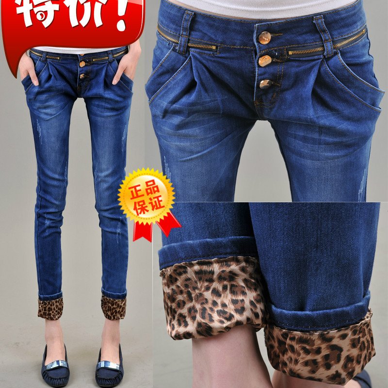 Denim skinny pants ankle length trousers plus size female summer leopard print roll up hem trousers harem pants buttons tight