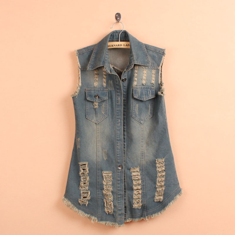 Denim sleeveless vest turn-down collar single breasted moben distrressed water wash denim vest medium-long vest dx057