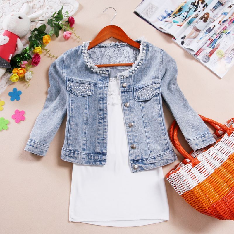 Denim slim short lace pearl design o-neck rhinestones denim coat female coat outerwear