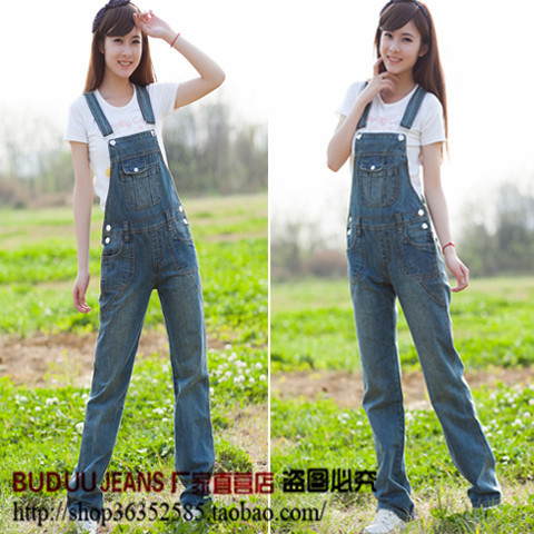 Denim suspenders trousers female 2013 loose straight bib pants female trousers plus size jumpsuit