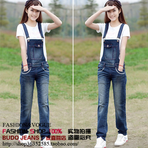 Denim suspenders trousers female straight 2013 bib pants female trousers jumpsuit 7223