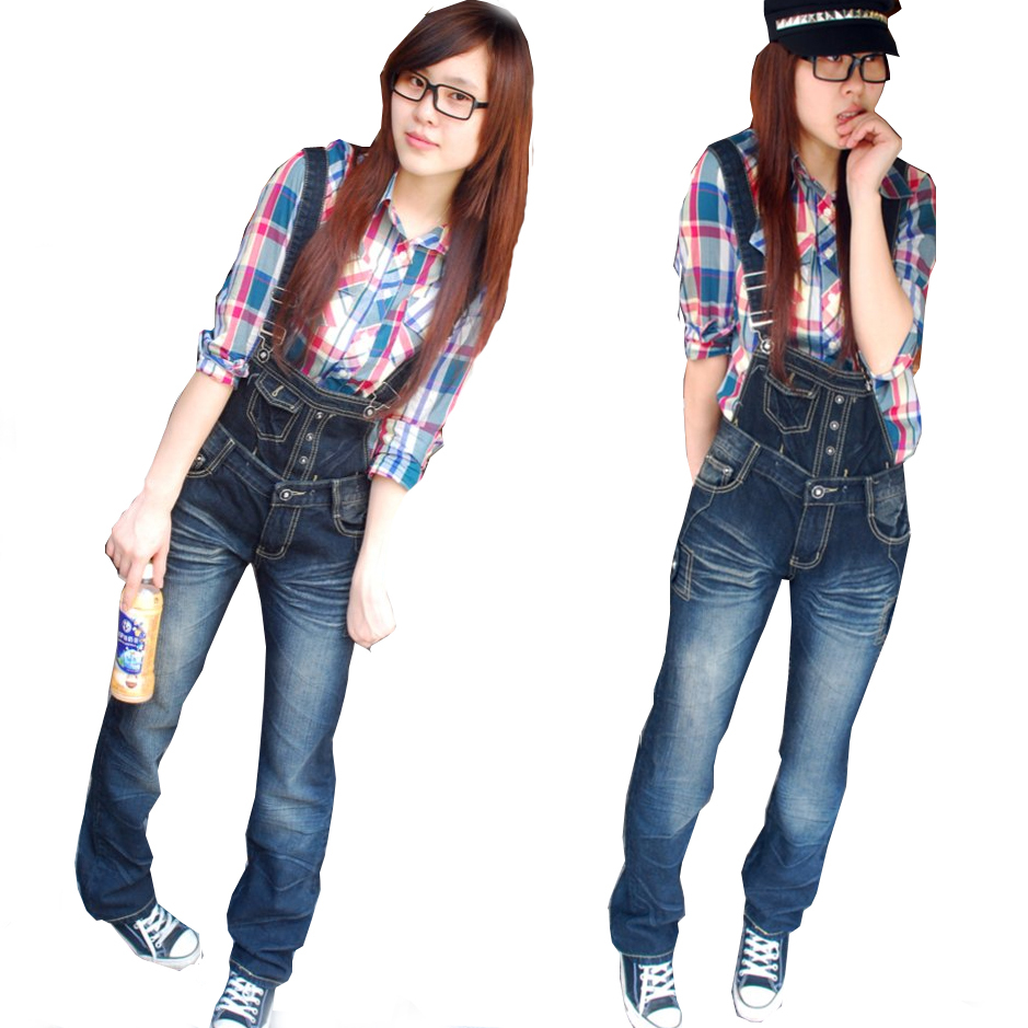 Denim suspenders trousers straight pants 8556 free shipping