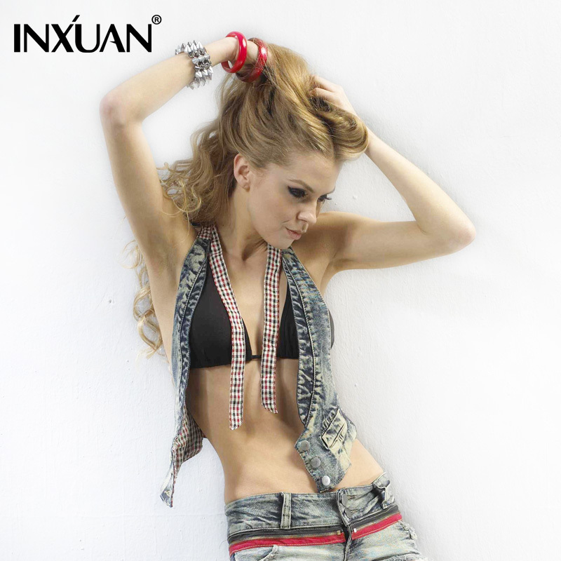 Denim vest female fashion halter-neck vest denim vest sexy halter-neck Women plaid spaghetti strap vest