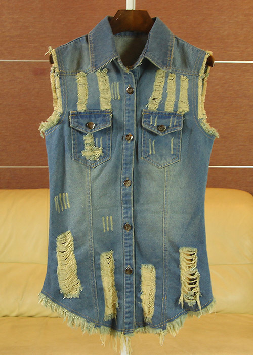 Denim women's handsome vest retro finishing hole medium-long slim denim vest female g7 jeans vest