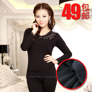 Denter women's warm card rhinestones solid color lace decoration plus velvet thickening thermal underwear set