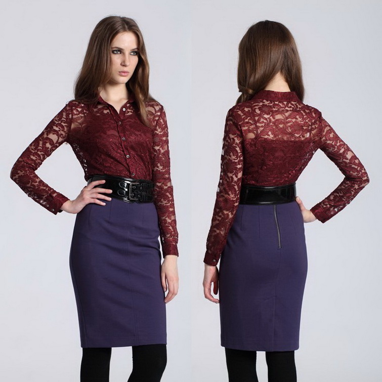 Design brand Ol slim career dress set lace long-sleeve shirt half-length short skirt twinset 0121 - 1