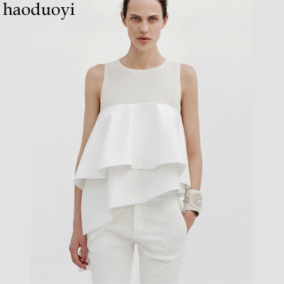 Design multi-layer ruffle sweep asymmetrical stromatolith studio top white chiffon shirt