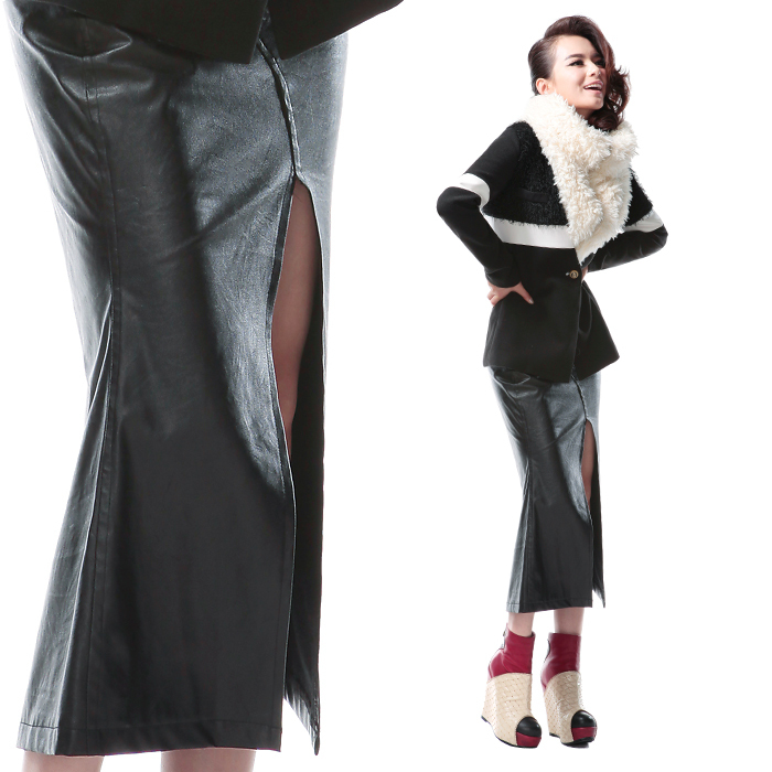 Design ! sexy after placketing slim hip leather skirt 2012 autumn bust skirt autumn female long skirt