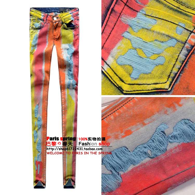 Desinger 2013 spring splash-ink doodle stucco slim  pencil pants denim jeans lady  trousers