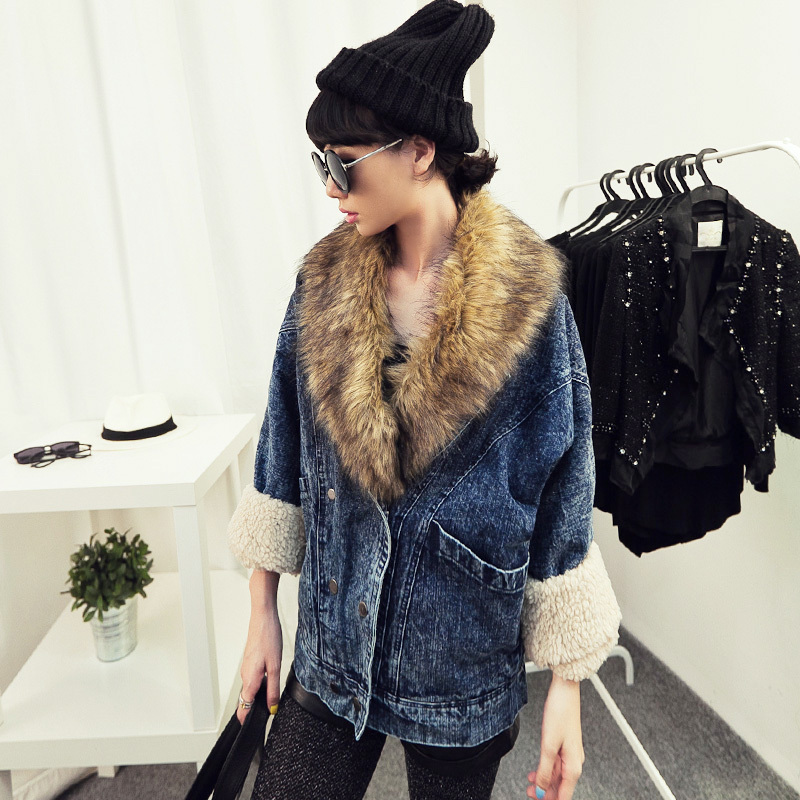 detachable large fur collar with velvet suit collar batwing sleeve jacket style denim outerwear wadded jacket free shipping