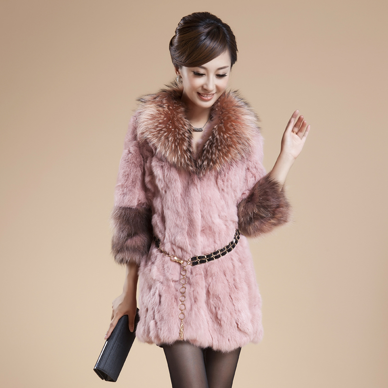 DHL free shipping, 2012 winter fur three quarter sleeve medium-long women's rabbit fur coat