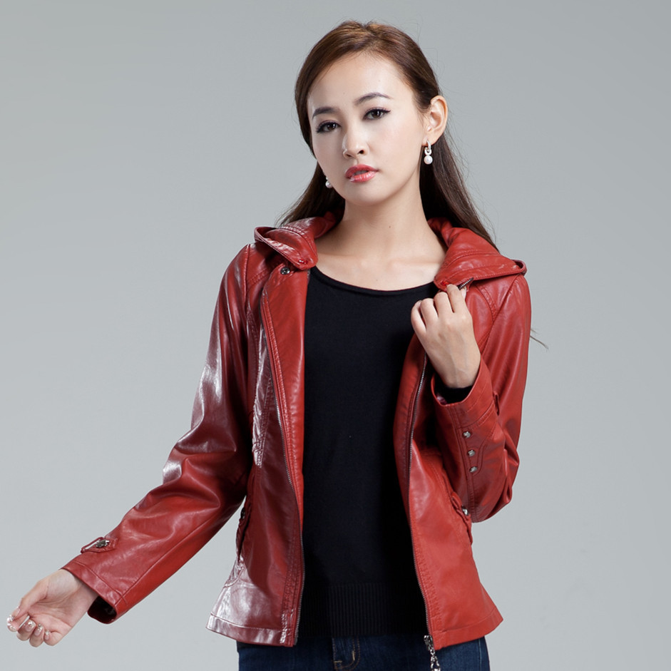 DHL free shipping 2013 autumn women's leather clothing slim detachable cap genuine leather sheepskin plus size outerwear