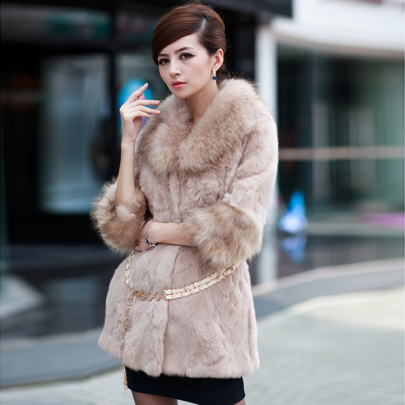 DHL free shipping 2013 female fur ultralarge raccoon fur medium-long rabbit fur coat