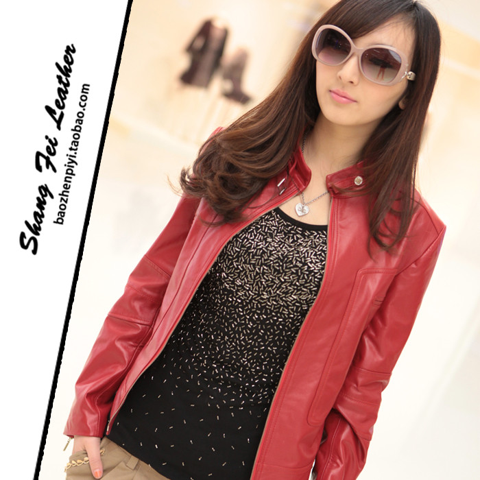 DHL free shipping Hot-selling sheepskin female genuine leather clothing red short design stand collar all-match slim outerwear