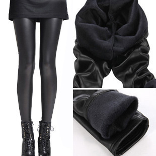 DHL Free shipping Winter Women Full Length Elasticated Waistband Thick PU Leather Leggings Plus Faux Fur