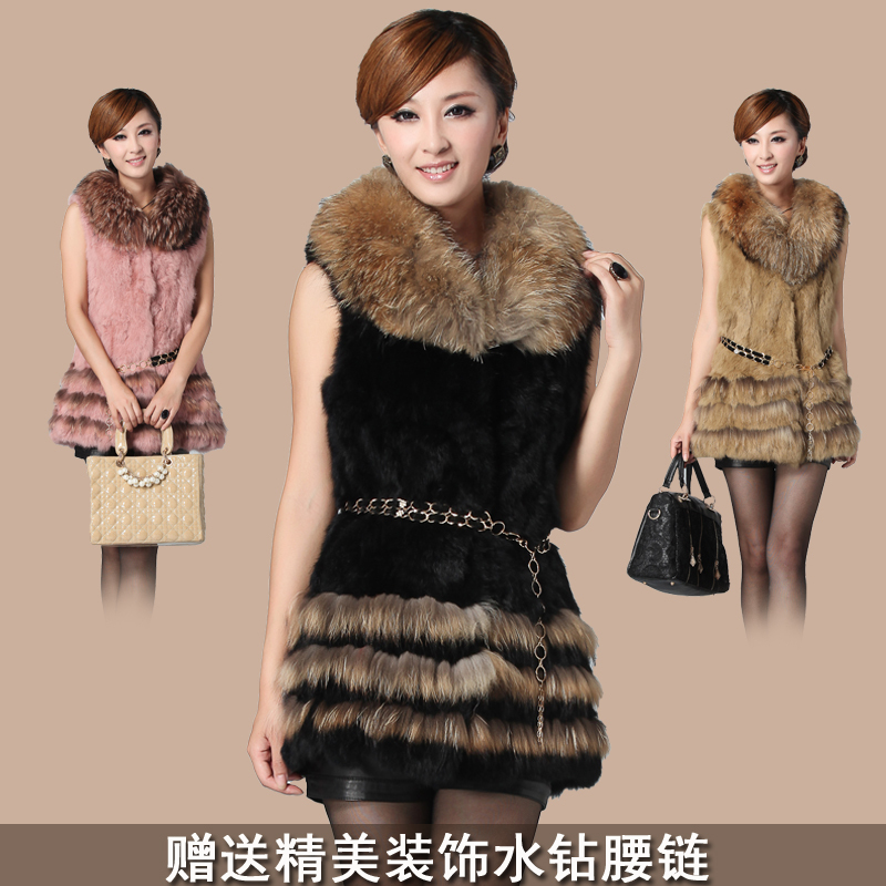 DHL free shipping, Women's rabbit fur coat 2012 high quality rabbit fur raccoon medium-long fur vest