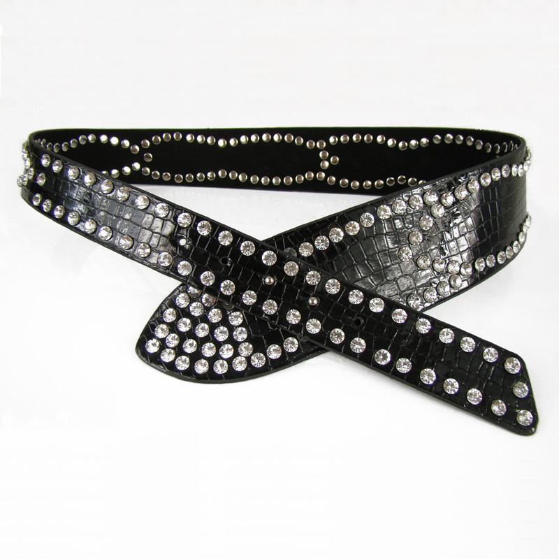 Diamond decoration belt women's japanned leather strap diamond crocodile pattern PU shapi belt shine