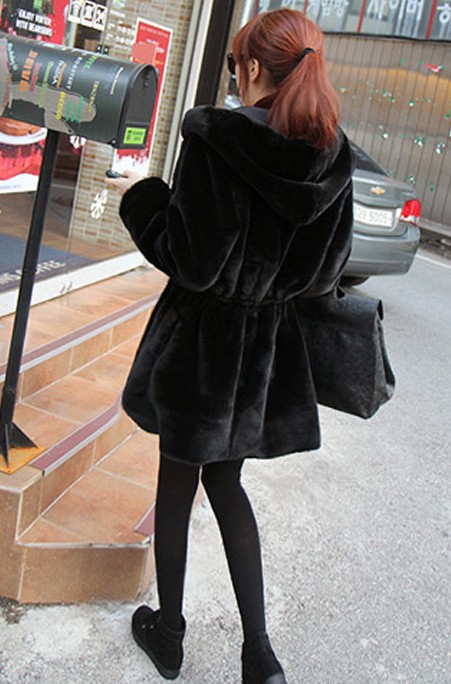 Dingding faux mink rabbit fur plush velvet strip cap elastic slim waist ladies medium-long outerwear