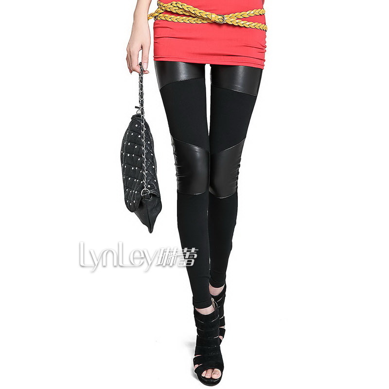 Discount 2012 autumn women's legging black faux leather pants cotton cloth patchwork Wholesale FREE SHIPPING