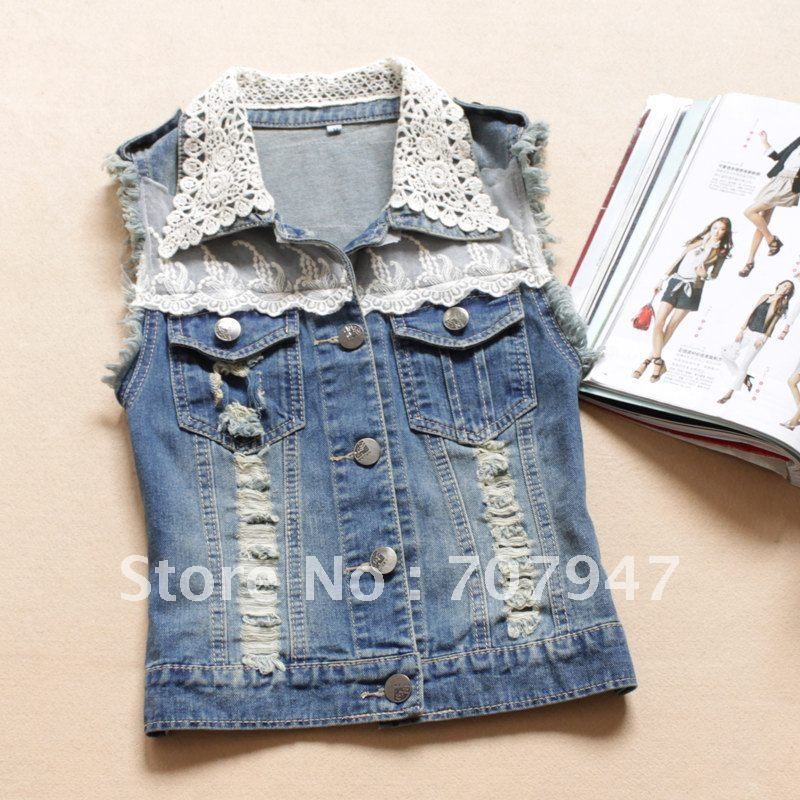 Discount Free shipping 2012 denim vest women fashion sleeveless waistcoat denim coats Lace ornament gilet jean vest Wholesale