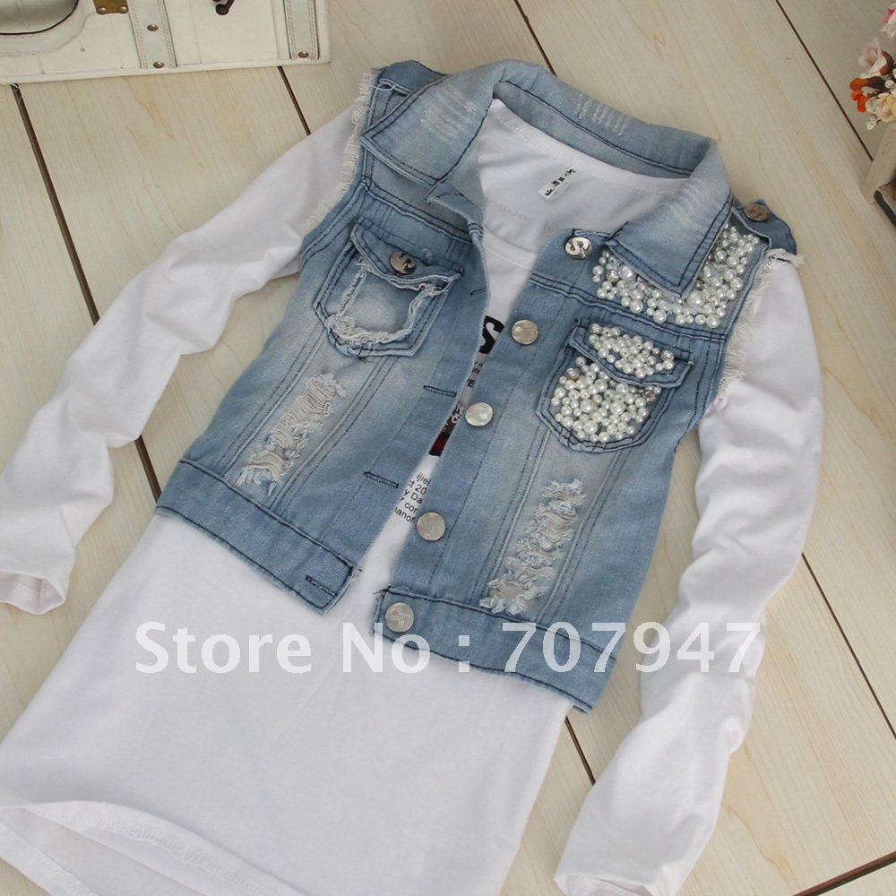 Discount Free shipping 2012 sleeveless hanging beads denim vest, fashion hole jean vest for women, waistcoat  jeans Wholesale