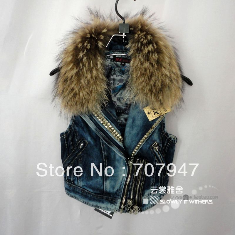 Discount Free shipping 2013 Fashion  women jean vest fur collar plus size denim vest fur vest plus size waistcoat Wholesale