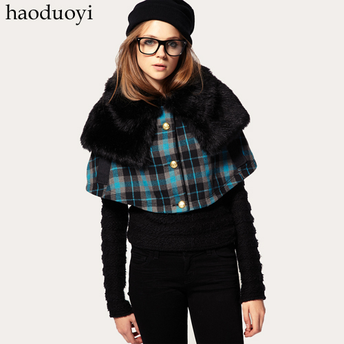 Discount new Nobility fur collar check fabric patchwork small cape black fur cape fur collar