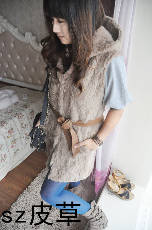 Discount summer fur rabbit fur velvet hooded vest rabbit sweater vest medium-long