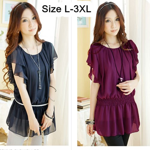 Discounted Ladies Plus Size Fashion Short Ruffle Sleeve Elastic Waist Soft Chiffon Shirts Korea Style Extra Size Blouses L-3XL