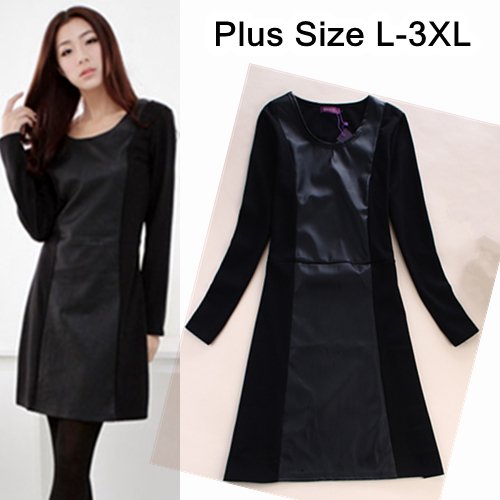 Discounted Plus Size Ladies Long Sleeve O-neck PU Leather Patchworked One-piece Dress Soft OL Slim Elegant Dresses Size L-3XL