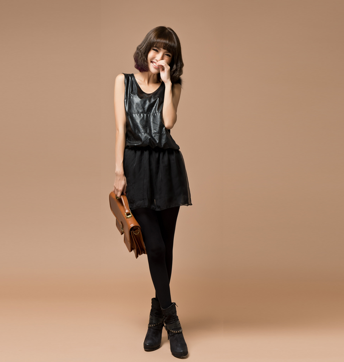 Divance2012 autumn and winter mix match fashion leather vest one-piece dress 100907